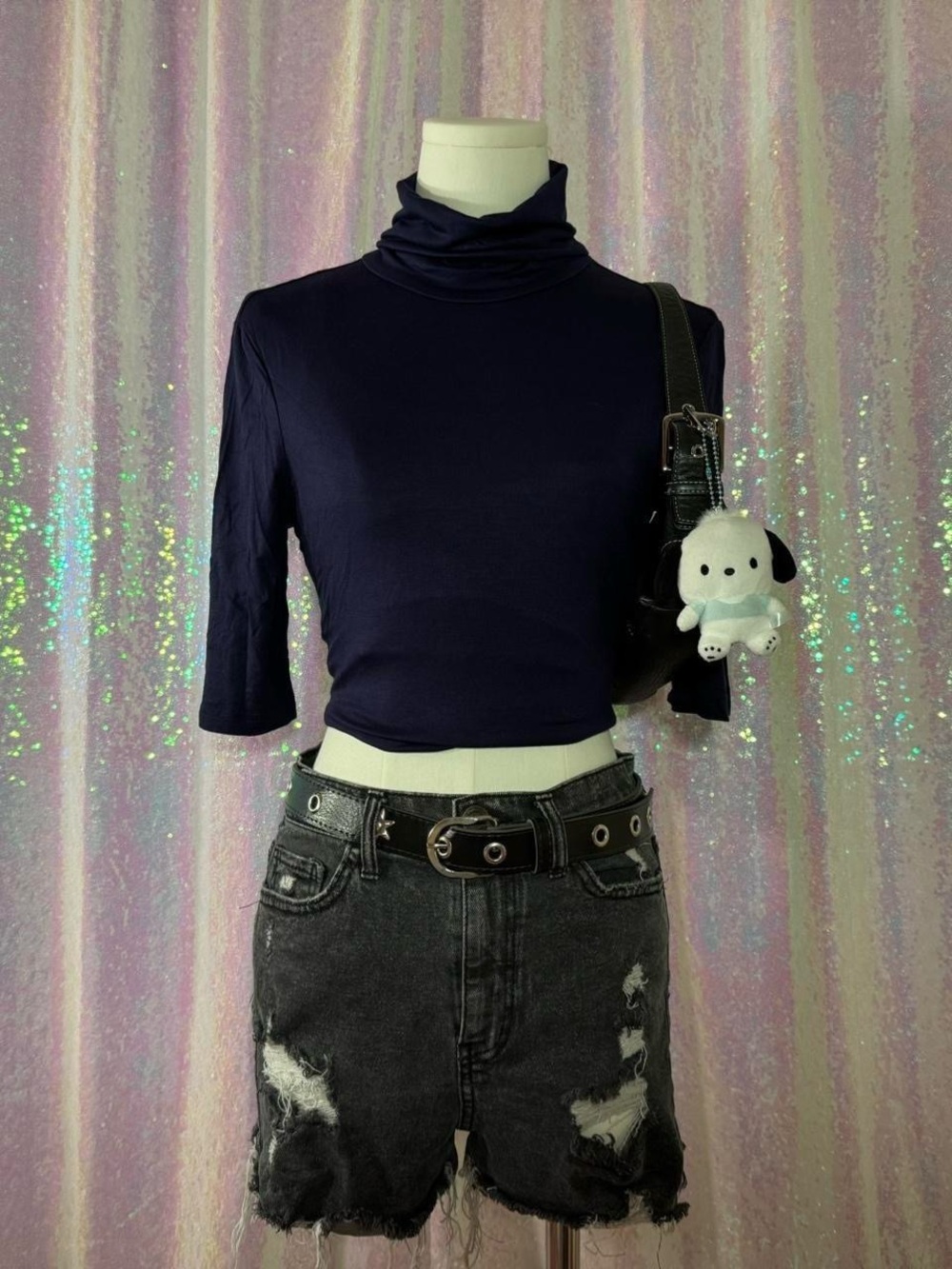 Navy Blue Short Sleeve Mockneck Top ★彡